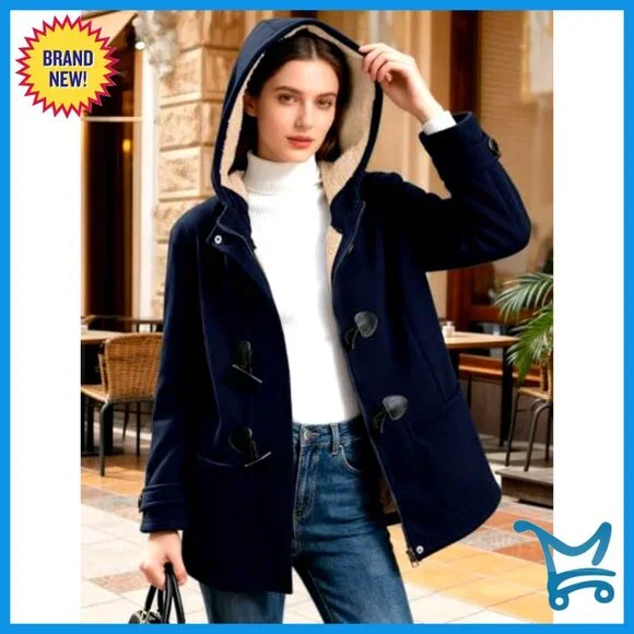 Sherpa Lined Fleece Hoodie Jacket Warm Winter Toggle Duffle Coat Women
